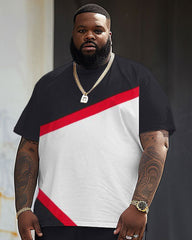 Street Casual Red Stripe Colorblock Print Big Men's Set