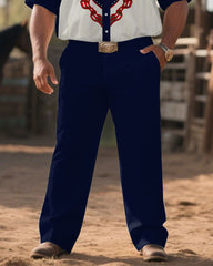 Western Denim-Men's Plus Size Royal Blue Floral Symmetrical Print Short Sleeve Shirt Trousers Suit