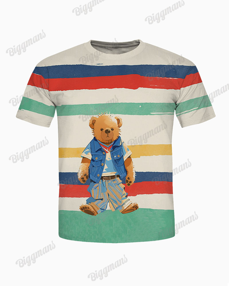 Men's Plus Size Color Striped Bear Letter Print T-shirt Trousers Suit