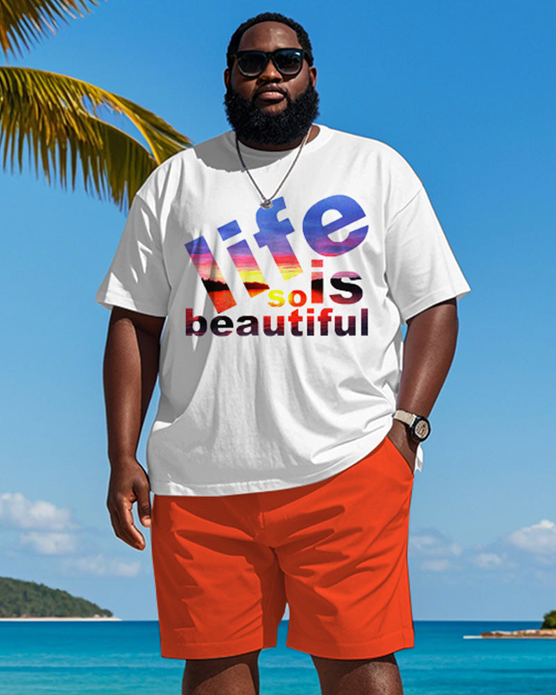 Men's Plus Size Hawaiian Gradient Life So Is Beautiful Letter Print Short Sleeve T-Shirt Shorts Suit