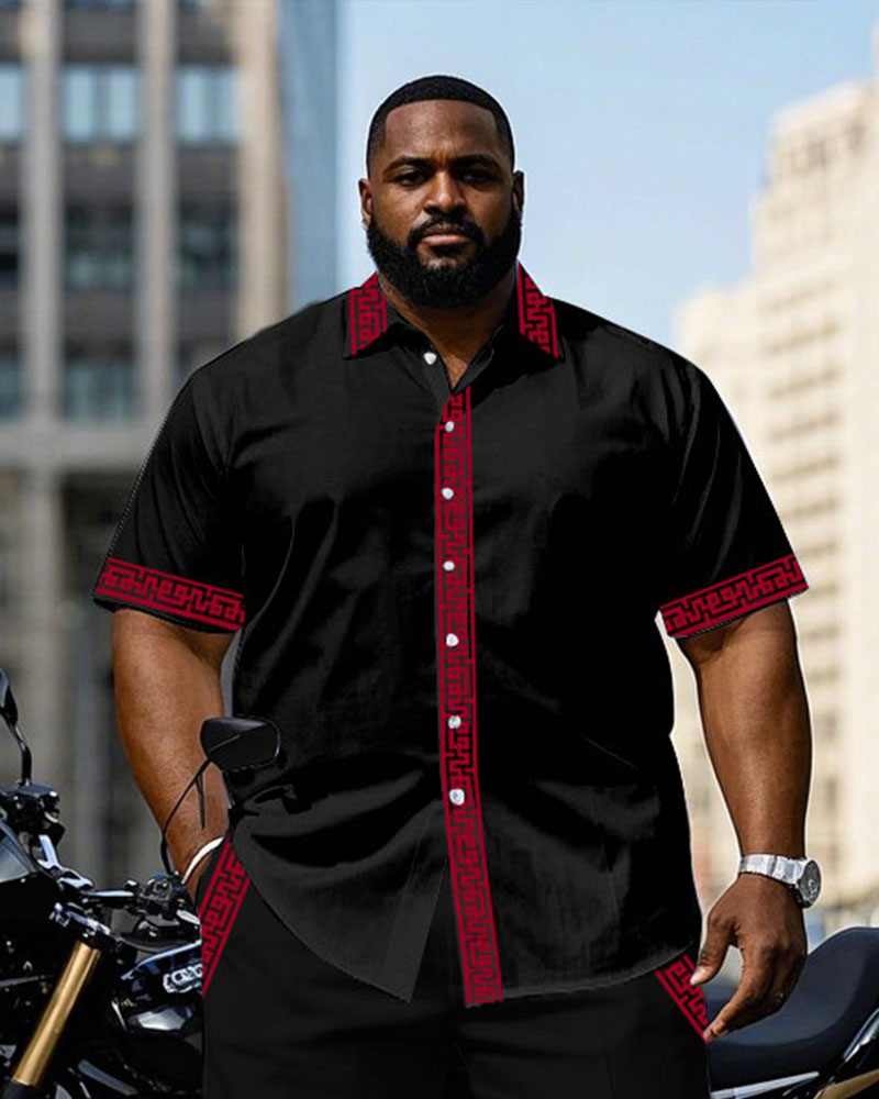 Men's Plus Size Black Characteristic Placket Cuff Pants Pocket Stitching Red Riding Short Sleeve Shirt Trousers Suit