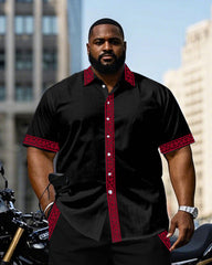 Men's Plus Size Black Characteristic Placket Cuff Pants Pocket Stitching Red Riding Short Sleeve Shirt Trousers Suit
