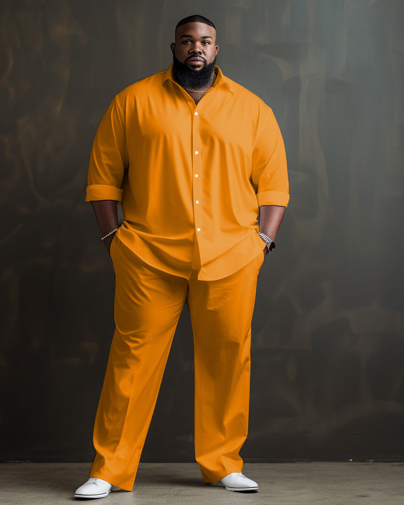 Solid Color Big Guys Long Sleeve Lapel Shirt and Pants Set