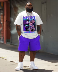 Men's Plus Size Crew Neck T-Shirt and Shorts Set with Bear Letter Print