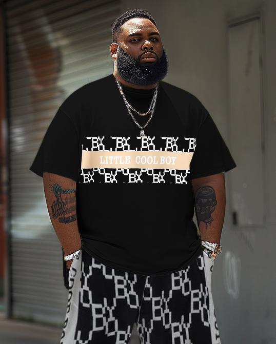 Men's Plus Size Letter Stripe Stitching T-Shirt Shorts Suit