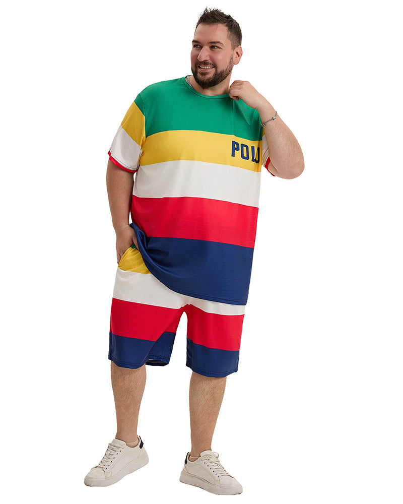 Big Guy's Polo Color Stripes T-Shirt Shorts Set