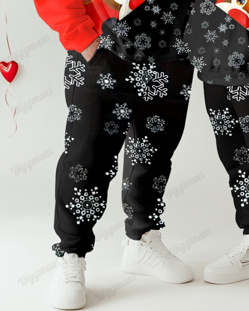 Couple Fashion Casual Big & Tall Auspicious Deer Pattern Snowflake Print Hoodie Set