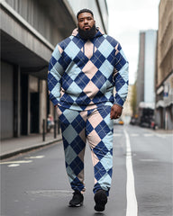 Men's Plus Size Diamond Color Block Casual Hoodie and Sweatpants Two Piece Set