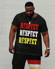 Men's Plus Size Casual Black "Respect" Slogan Chest Print Short Sleeve T-Shirt Trousers Suit