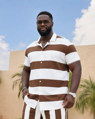 Big & Tall Men's Daily Leisure. Original Design Collision Color Stripe Printing. Short Sleeve Shirt Shorts Suit