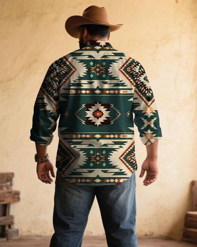 Men's Plus Size Retro Western Denim Grey-green Floral Print Long Sleeve Shirt