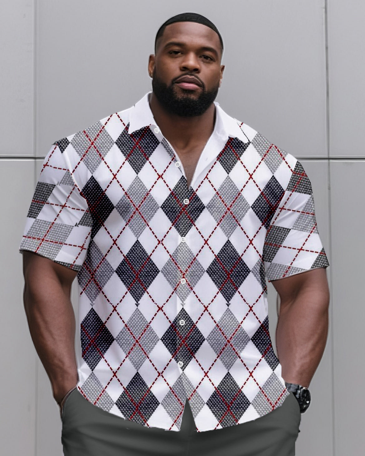 Big & Tall Men's Daily Leisure. Diamond Print Shirt Shorts Suit