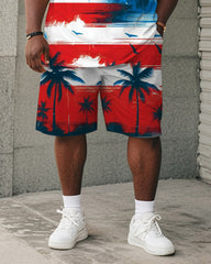 Men's Plus Size Independence Day Flag Coconut Tree Print Round Neck Short Sleeve T-Shirt Shorts Suit