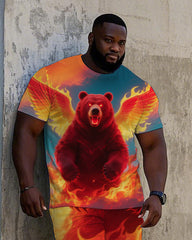 Big Men's Angry Fire Bear Printed Street Fashion Short Sleeve T-Shirt Shorts 2-piece Set