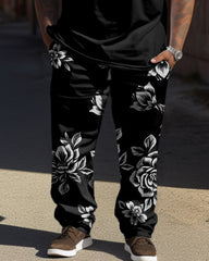 Floral Print T-Shirt Trousers Suit Men's Large