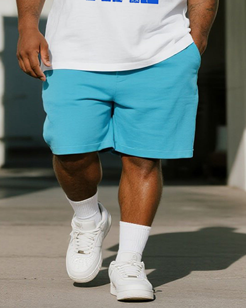 Big & Tall Men's Blue Good Thngs Take Time Letter Print Round Neck Short Sleeve T-Shirt Shorts Suit