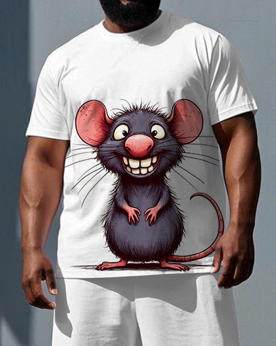 Big & Tall Men's Cartoon Mouse Print Outdoor Breathable Short-Sleeve T-shirt and Shorts Set