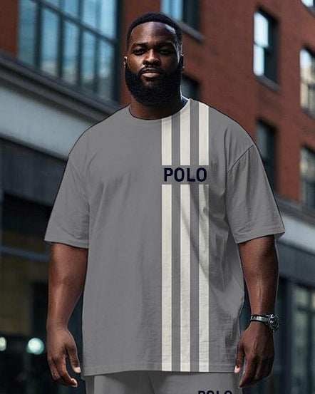 Men's Simple Stripe POLO Letter Printed Big and Tall Short Sleeve T-shirt Pants Set