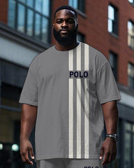 Men's Simple Stripe POLO Letter Printed Big and Tall Short Sleeve T-shirt Pants Set