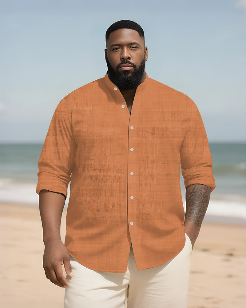 Big & Tall Men's Daily Solid Color Bamboo Hemp Texture Stand Collar Long Sleeve Shirt