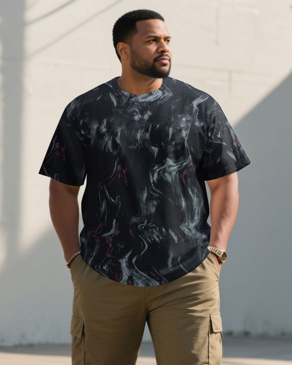 Men's Plus Size Dark Wash Fabric Loose Round Neck Short Sleeve T-shirt