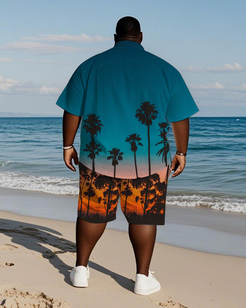 Men's Plus Size Hawaiian Gradient Blue Coconut Tree Print Shirt Shorts Suit