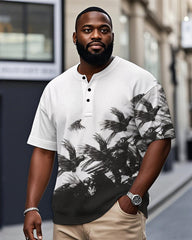 Men's Plus Size Daily Casual Black And White Bird Print Henry Collar Button Short Sleeve T-Shirt