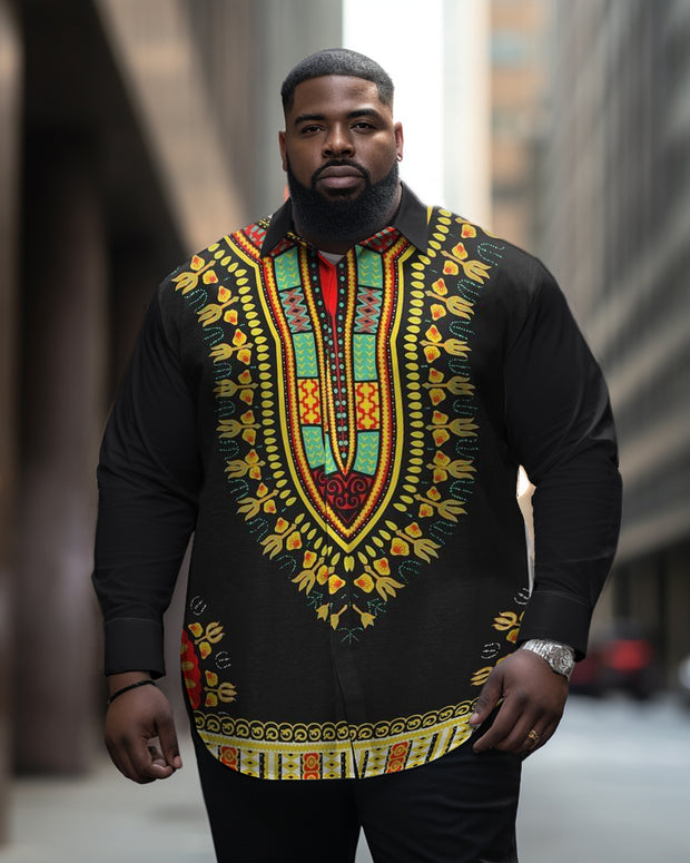 Men's Plus Size Ethnic Rhombus Long Sleeve Shirt