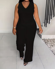 XL-4XL Women's Solid Color Casual V-neck Sleeveless Pants Set
