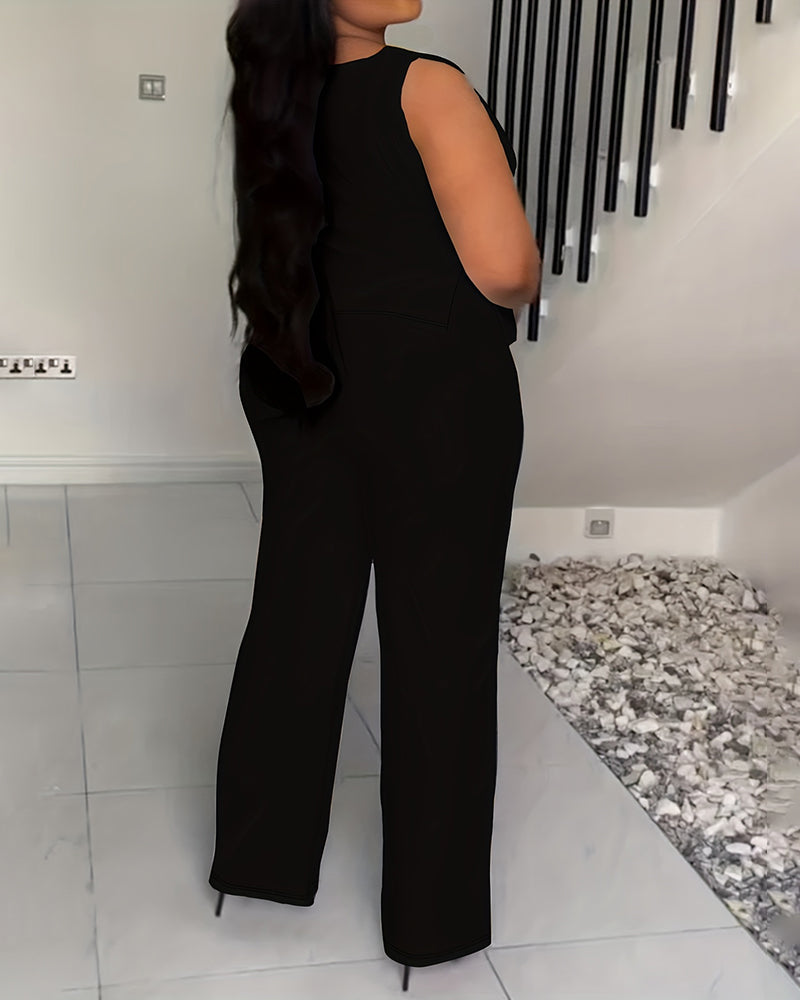 XL-4XL Women's Solid Color Casual V-neck Sleeveless Pants Set