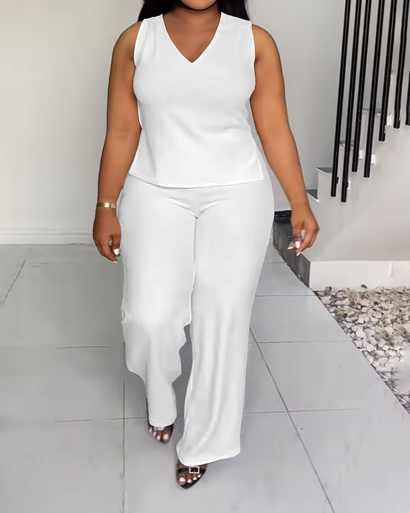 XL-4XL Women's Solid Color Casual V-neck Sleeveless Pants Set