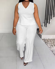 XL-4XL Women's Solid Color Casual V-neck Sleeveless Pants Set