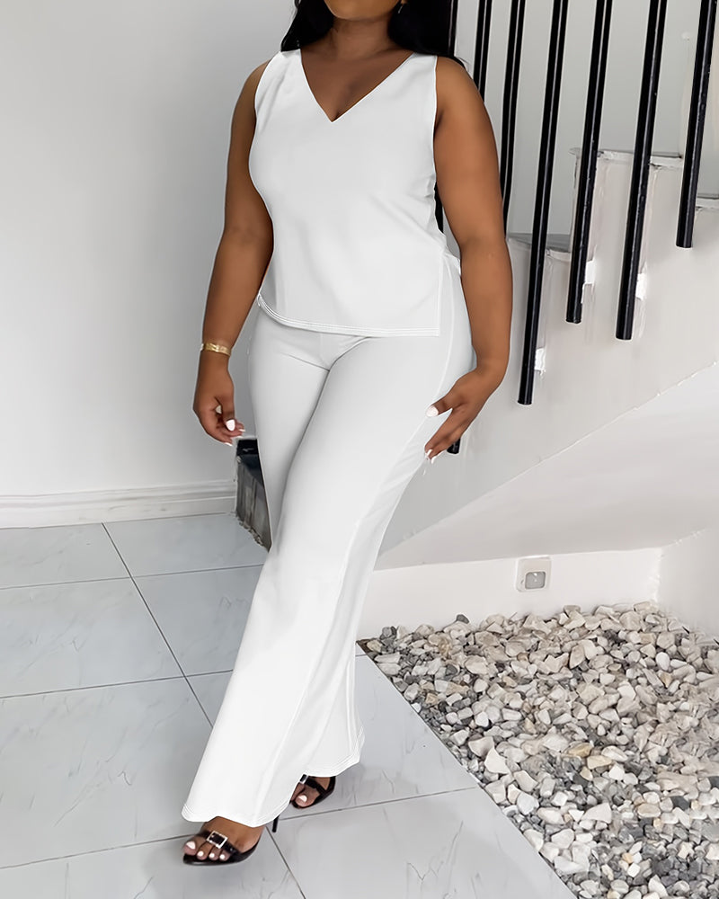 XL-4XL Women's Solid Color Casual V-neck Sleeveless Pants Set