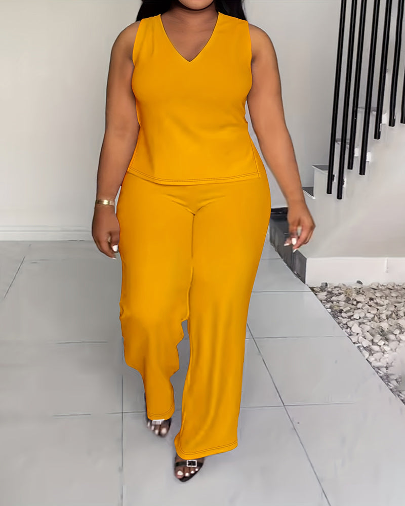 XL-4XL Women's Solid Color Casual V-neck Sleeveless Pants Set