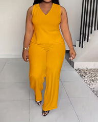 XL-4XL Women's Solid Color Casual V-neck Sleeveless Pants Set