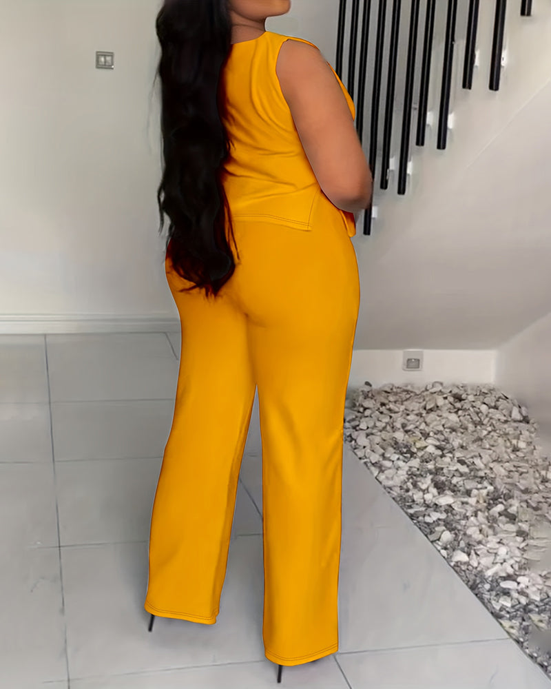 XL-4XL Women's Solid Color Casual V-neck Sleeveless Pants Set