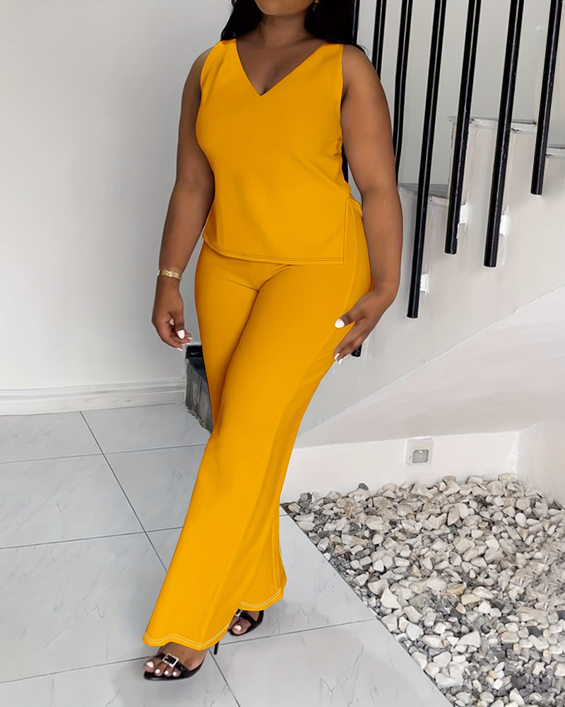 XL-4XL Women's Solid Color Casual V-neck Sleeveless Pants Set