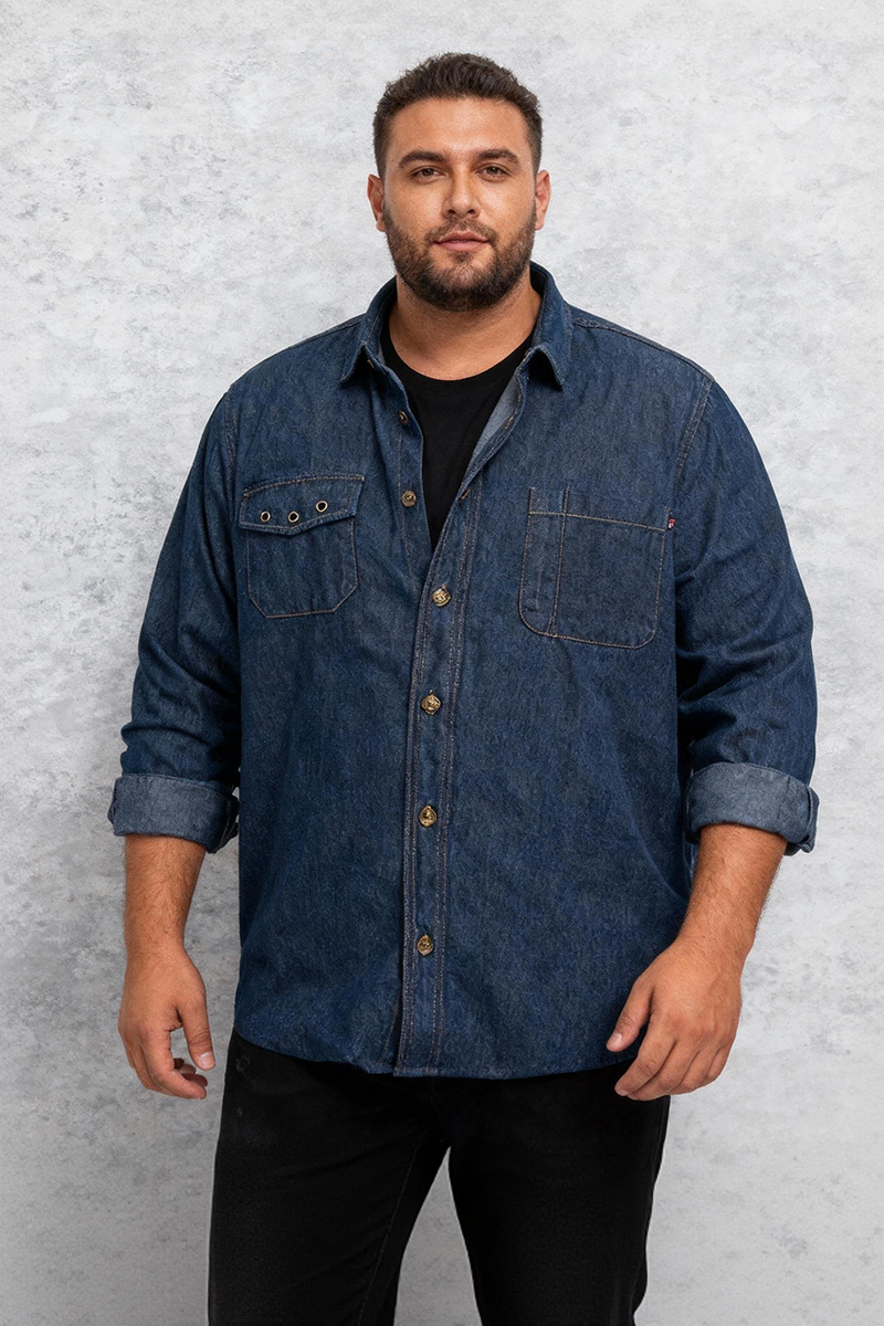 🔥Christmas 50% Off Exclusive ✨Big & Tall Men's Vintage Cotton Blue Denim Lapel Long Sleeve Shirt M-4XL
