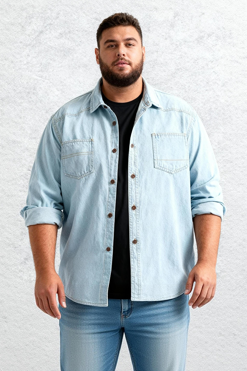 🔥Christmas 50% Off Exclusive ✨Big & Tall Men's Vintage Cotton Blue Denim Lapel Long Sleeve Shirt M-4XL