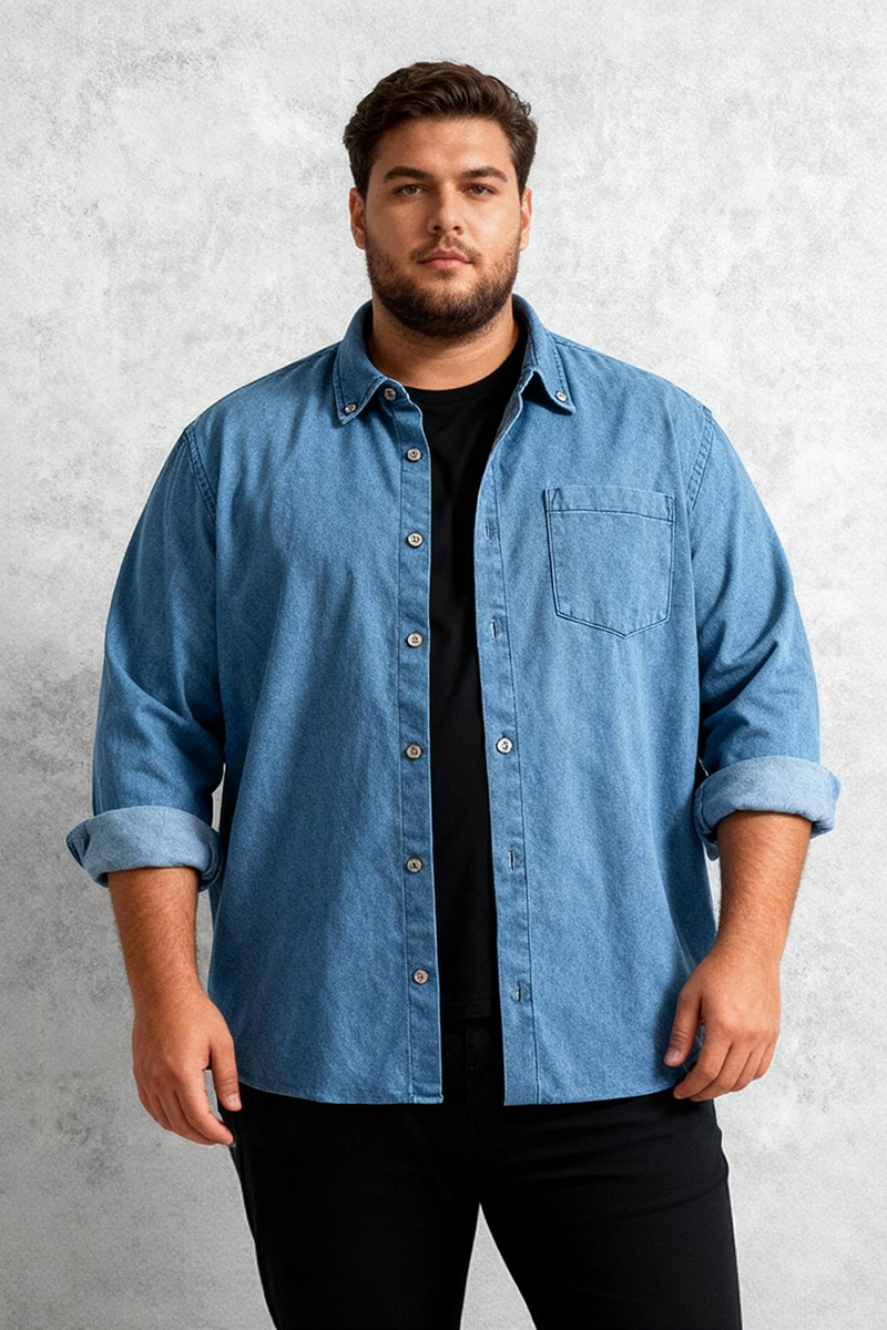 🔥Christmas 50% Off Exclusive ✨Big & Tall Men's Vintage Cotton Blue Denim Lapel Long Sleeve Shirt M-4XL