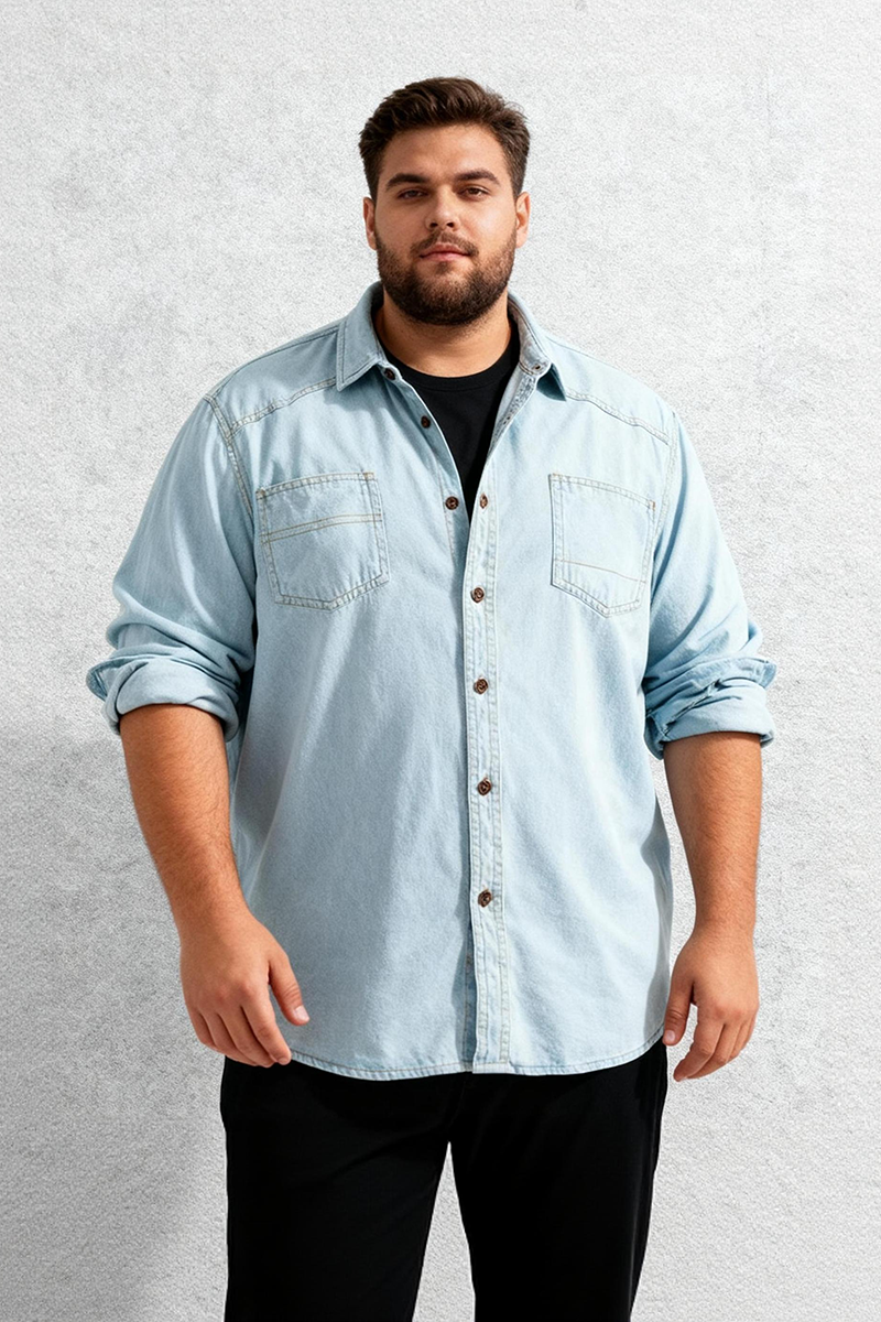 🔥Christmas 50% Off Exclusive ✨Big & Tall Men's Vintage Cotton Blue Denim Lapel Long Sleeve Shirt M-4XL