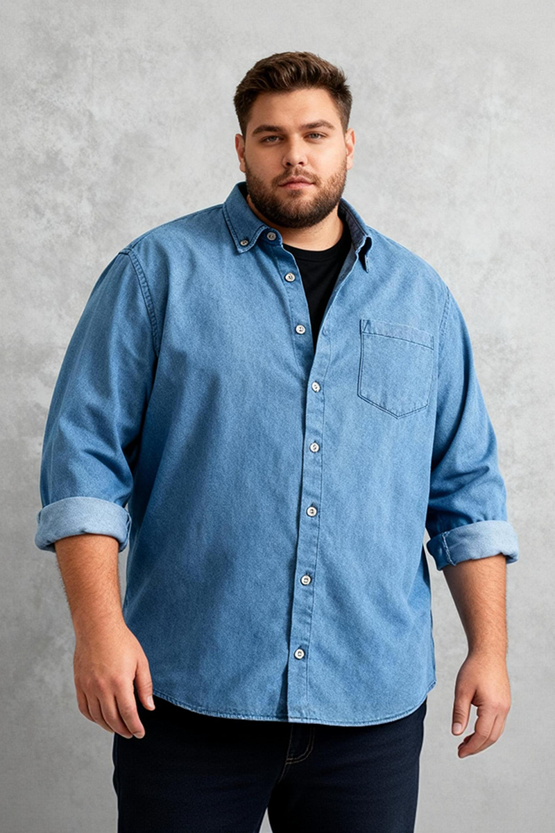 🔥Christmas 50% Off Exclusive ✨Big & Tall Men's Vintage Cotton Blue Denim Lapel Long Sleeve Shirt M-4XL