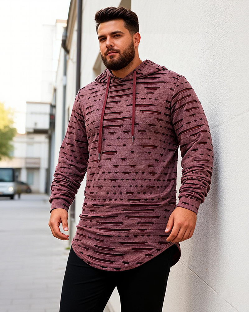 Big & Tall Men's Fashion Personality Hole Solid Color Long Hooded Sports Long Sleeve T-shirt S-2XL
