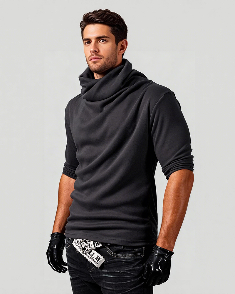 Big & Tall Men's Thin Pile Collar Long Sleeve Base Shirt Simple High Collar T-shirt M-3XL