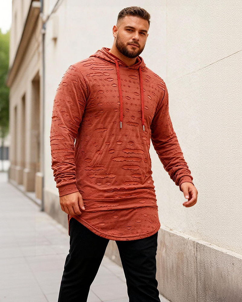 Big & Tall Men's Fashion Personality Hole Solid Color Long Hooded Sports Long Sleeve T-shirt S-2XL