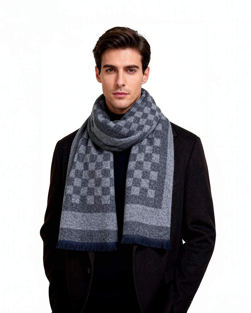 Wool Blend Plaid Scarf Men's Winter Warm Plaid Scarf