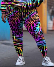 Women's Plus Size Street Graffiti Colorful Leopard Print Hoodie Set