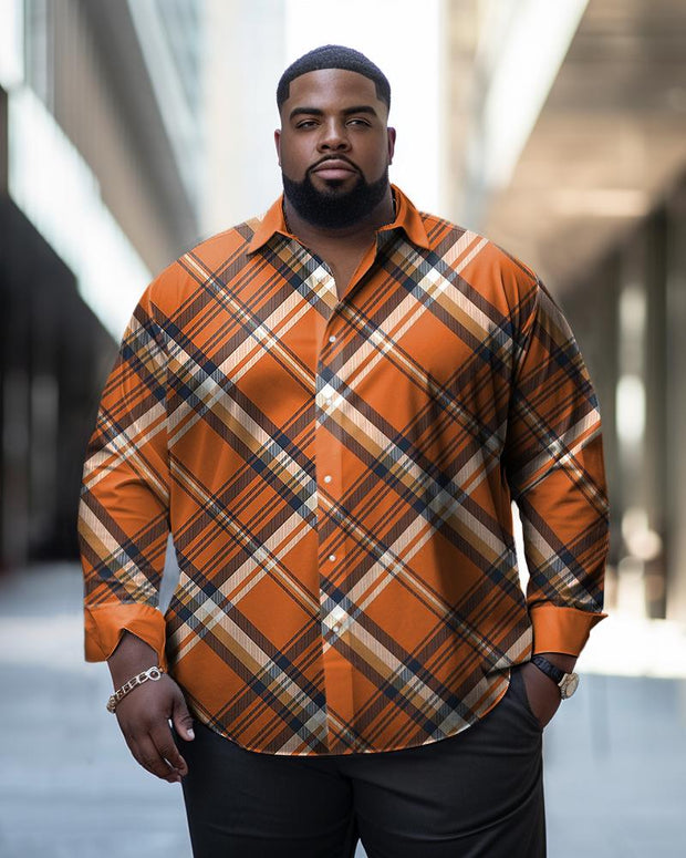 Men's Casual Plus Size Orange Diagonal Plaid Long Sleeve Lapel Shirt