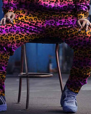 Women's Large Size Colorful Leopard Graffiti Hoodie Set