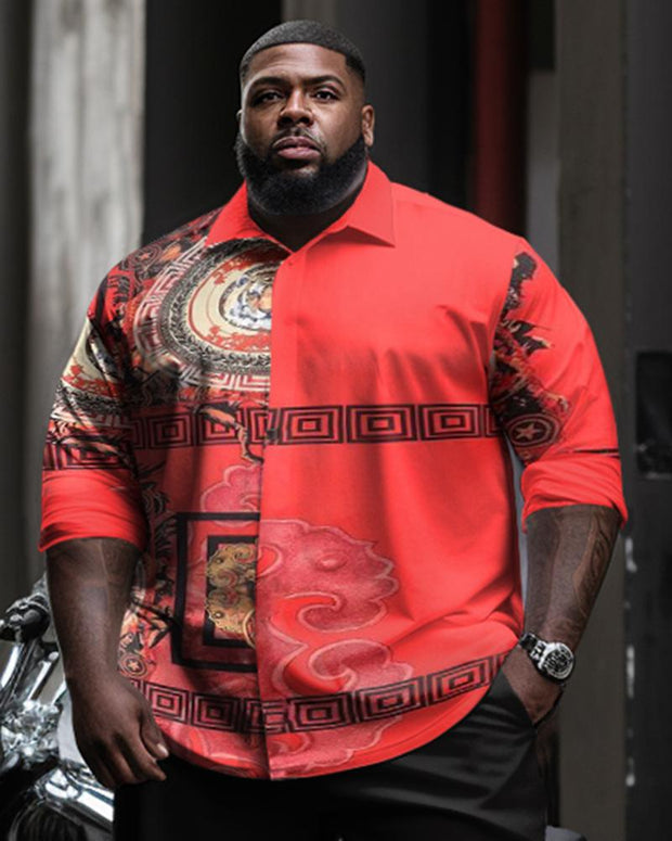 Plus Size Ethnic Style Men's Color Matching Irregular Long Sleeve Lapel Collar Shirt Two-piece Set